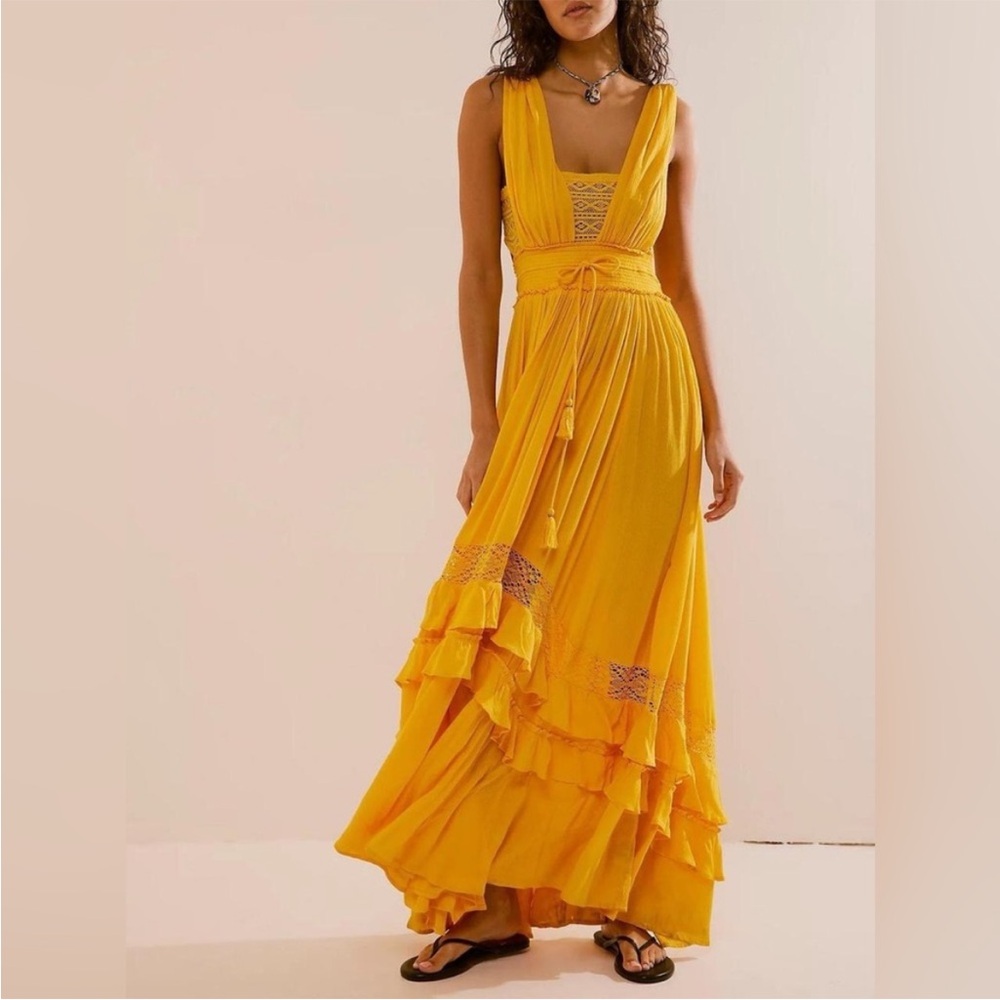 Free People Santa Maria Tiered Crochet Lace Ruffle Romantic Beachy Maxi Dress